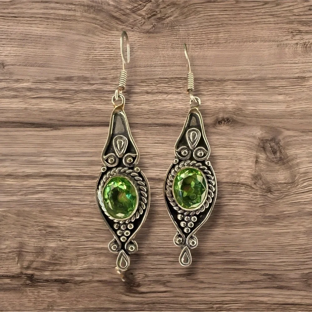 Green Amethyst and 925 Sterling Silver Dangle Drop Earrings